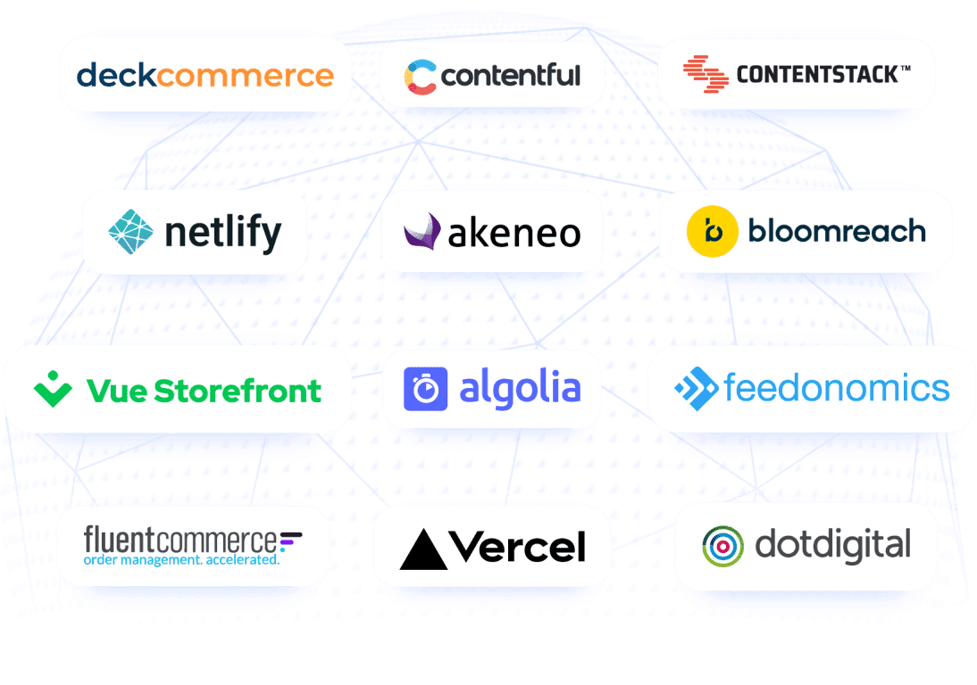 Ilustración Ecosistema Socios Globe Deckcommerce Contentful Contentstack Netlify Akeneo